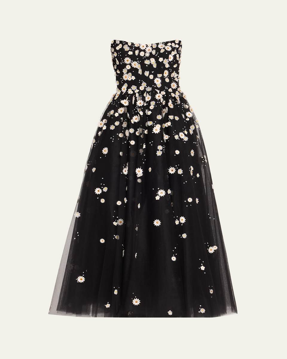 Daisy Embroidered Strapless Tulle Cocktail Dress